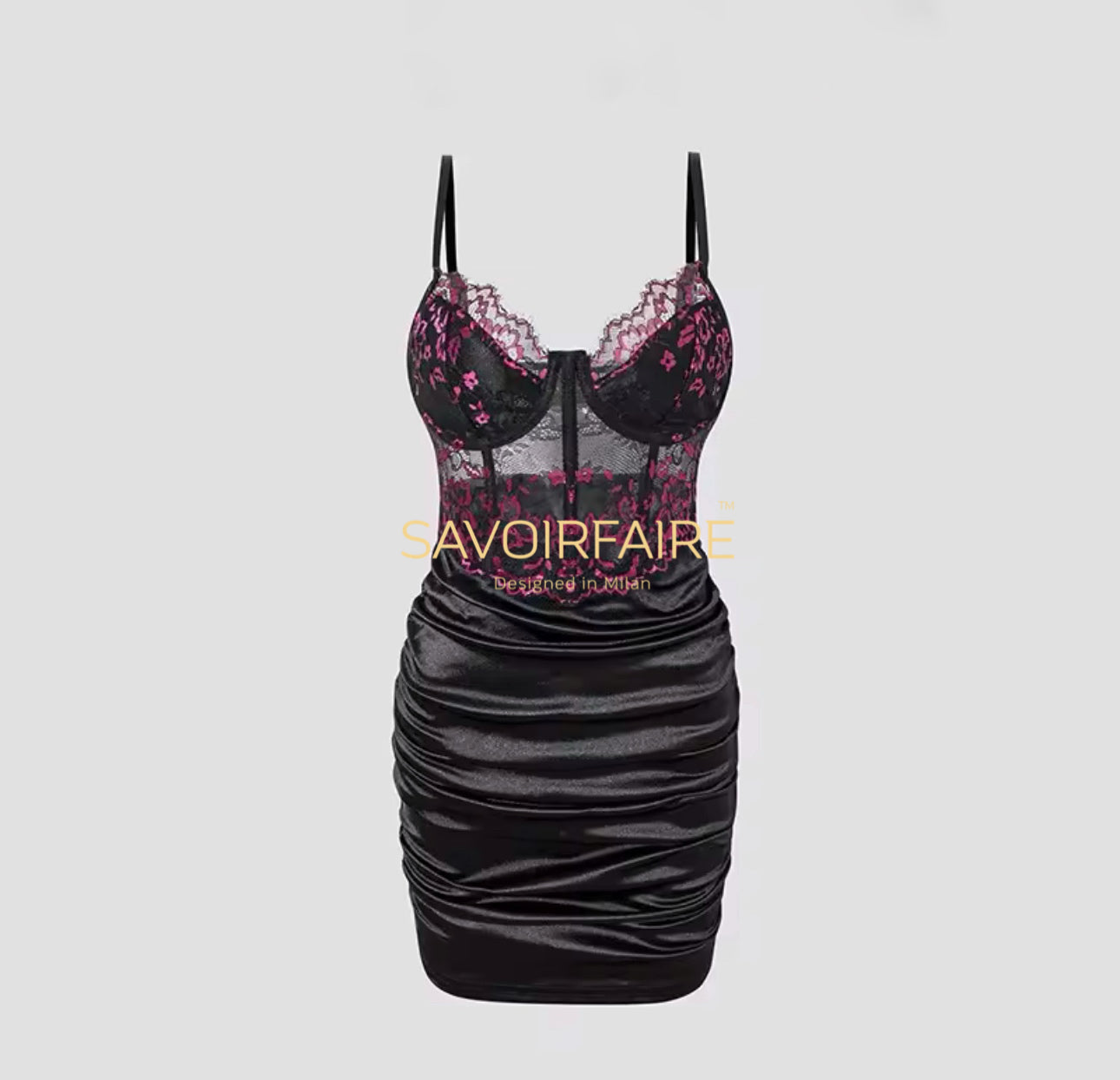 Vestito Corset Slim Nero Dettagli Rosa